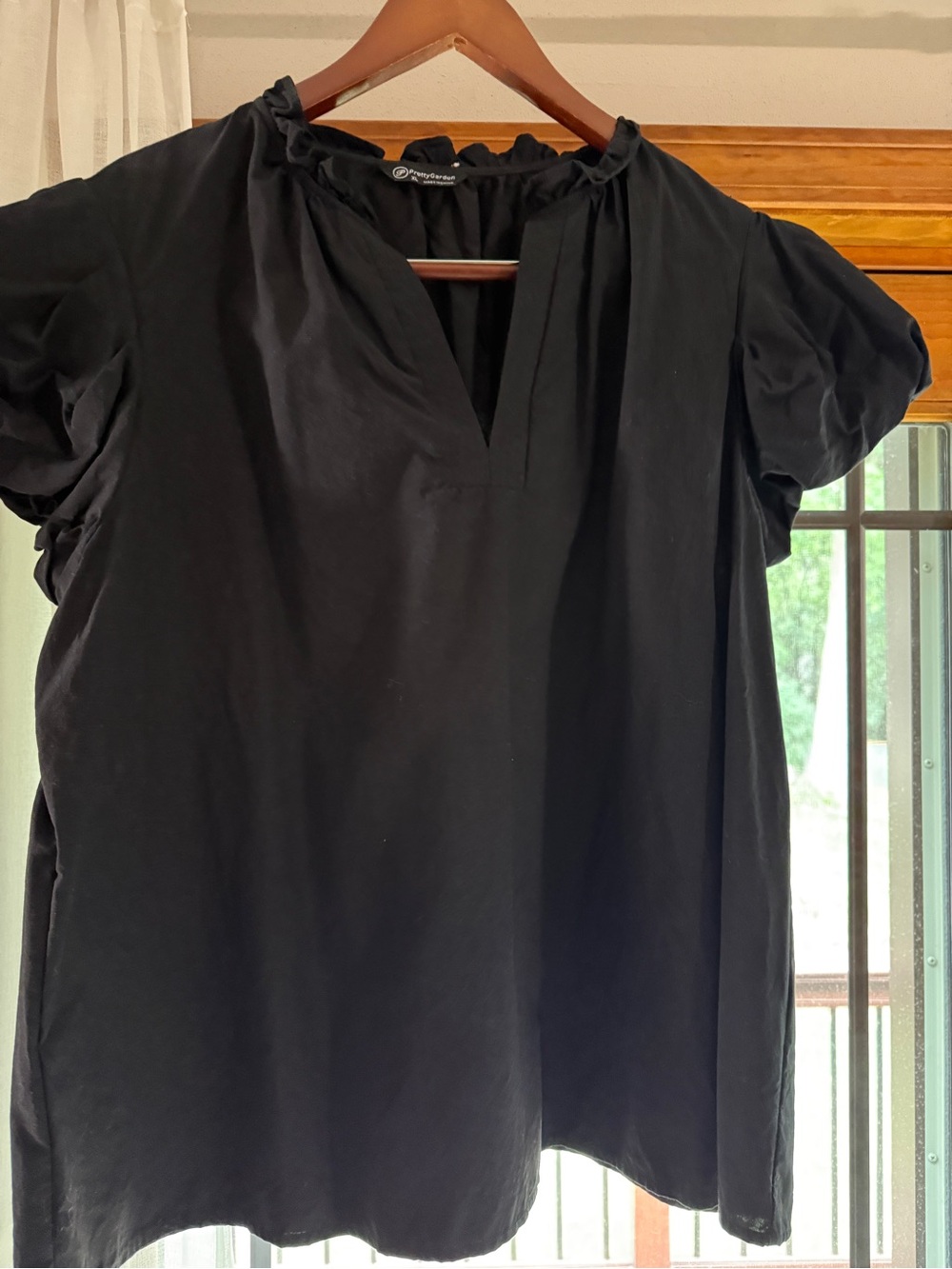 Black Puff-Sleeve Split-Neck Women's Blouse